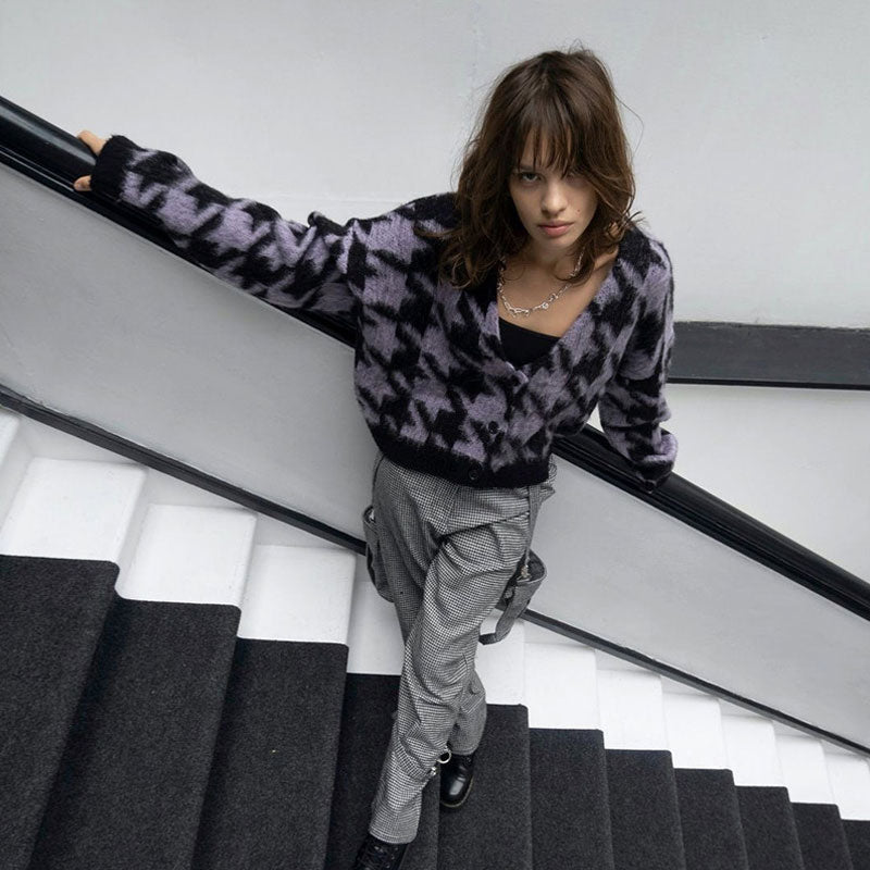 Lila Oversize-Cardigan Mit Katzenzahnmuster Und Knöpfen, Langärmelig Und Kurz
