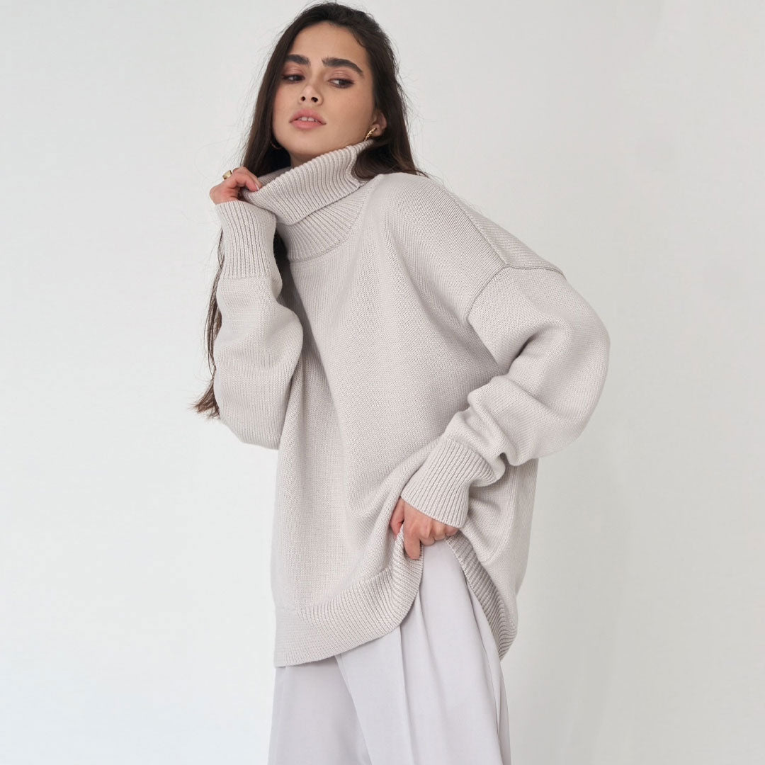 Plus Size Pullover Mit Tiefem Ausschnitt Und Langen Ärmeln İn Rippstrick - Grau