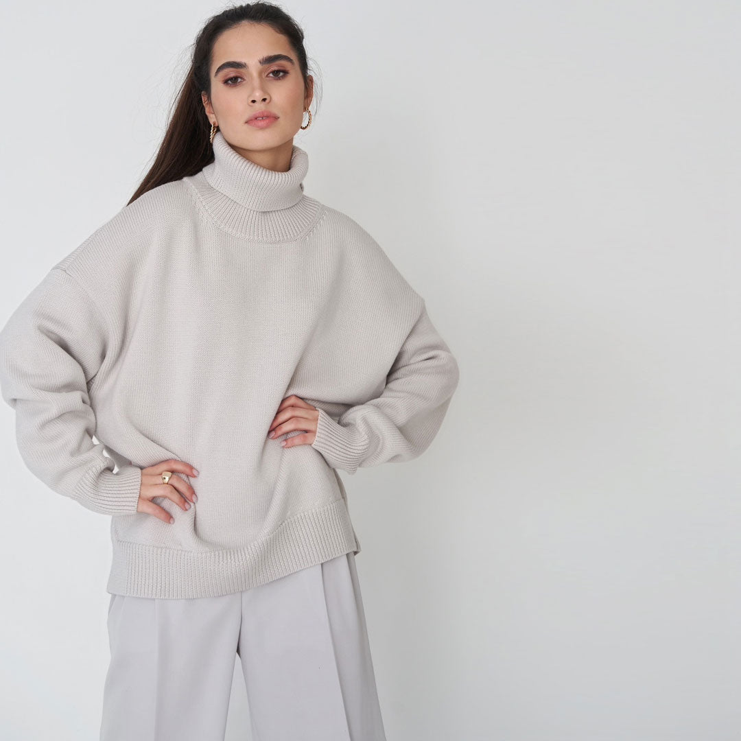 Plus Size Pullover Mit Tiefem Ausschnitt Und Langen Ärmeln İn Rippstrick - Grau