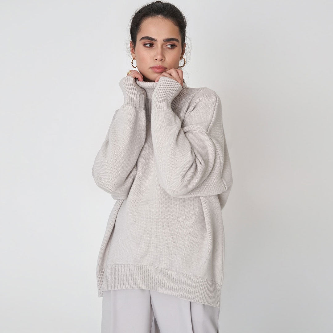 Plus Size Pullover Mit Tiefem Ausschnitt Und Langen Ärmeln İn Rippstrick - Grau