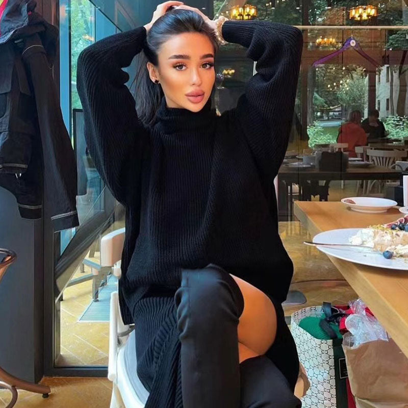 Kombi-Set Aus Oversize-Pullover Mit Hohem Kragen Und Midirock Mit Hohem Schlitz – Schwarz