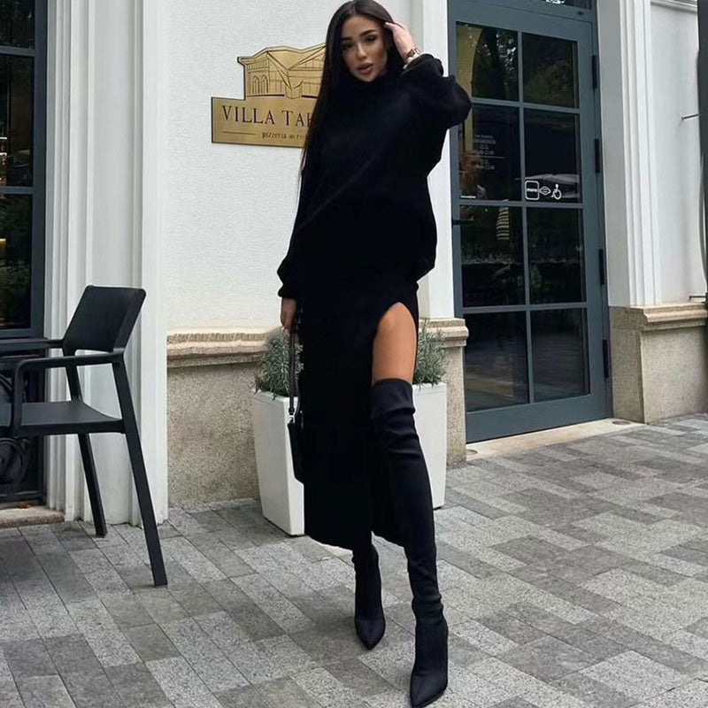 Kombi-Set Aus Oversize-Pullover Mit Hohem Kragen Und Midirock Mit Hohem Schlitz – Schwarz
