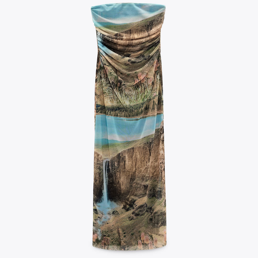 Trägerloses Midikleid Aus Crinkle-Mesh Mit Muster - Grün