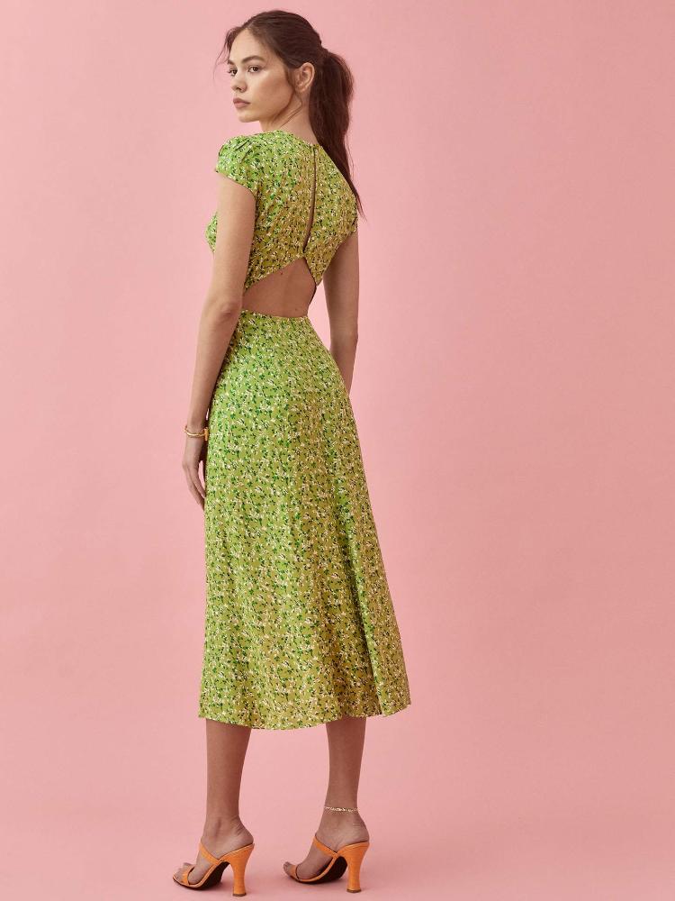 Gemustertes Midikleid Mit Rundhalsausschnitt Und Schlitz