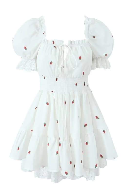 Minikleid Mit Erdbeermuster Und Puffärmeln
