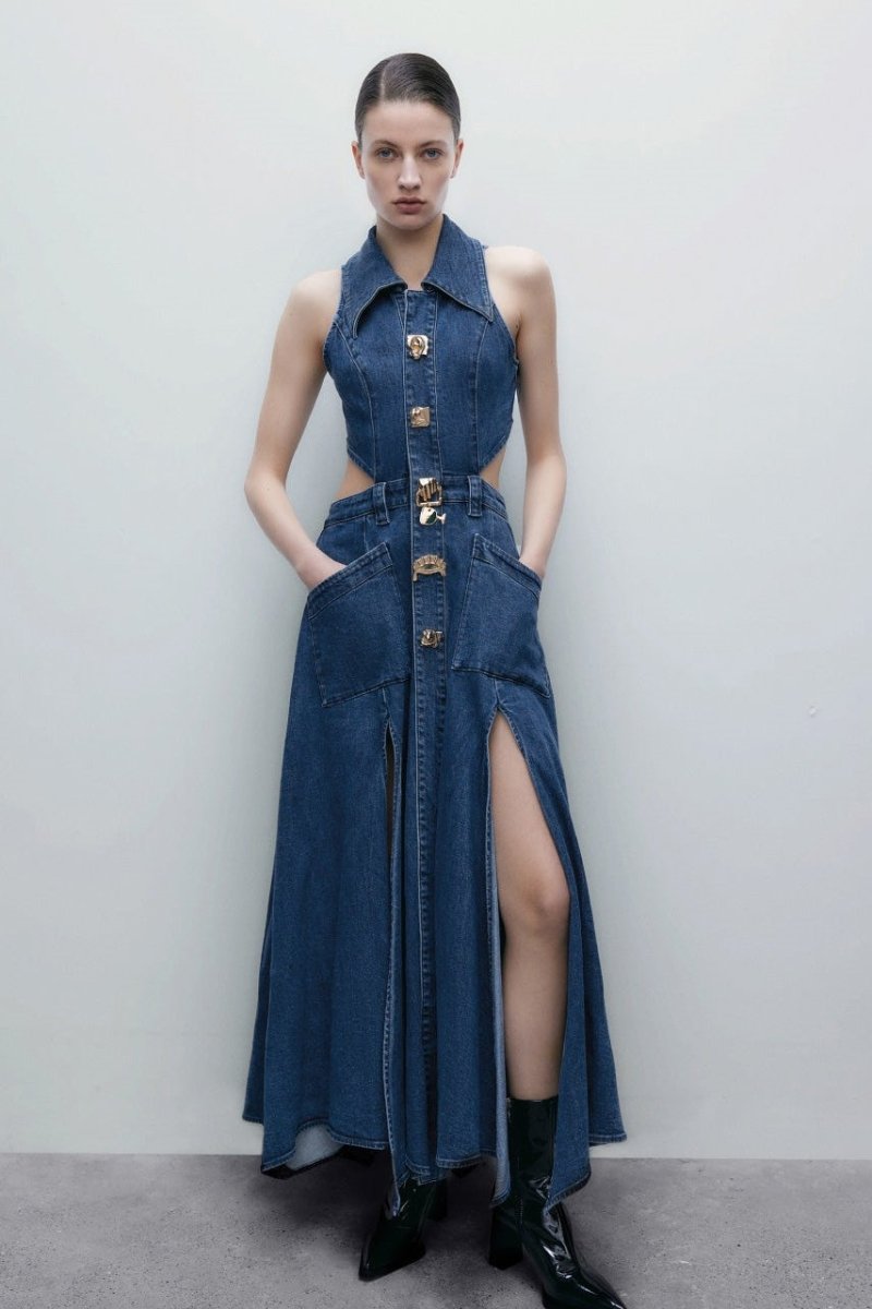Ärmelloses, Tief Ausgeschnittenes Maxikleid Mit Schlitz