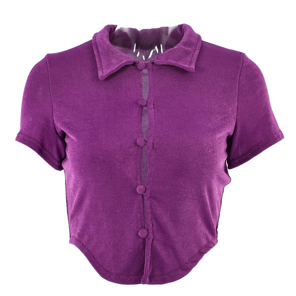 Lilafarbenes, Kurzärmliges Button-Down-Oberteil Mit Retro-Kragendetail