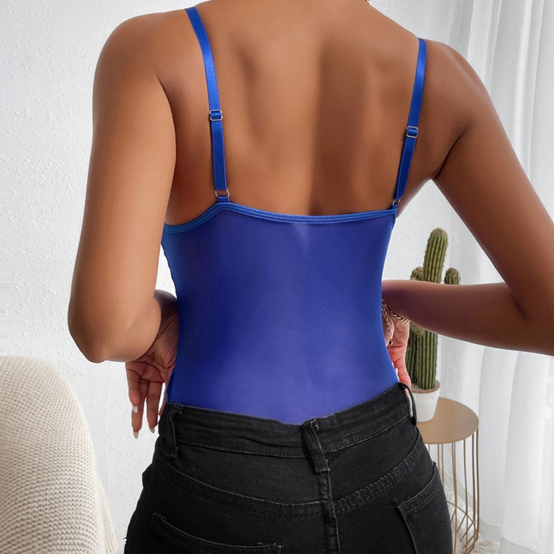 Romantischer Camisole-Bodysuit Aus Floraler Spitze Und Transparentem Netzstoff - Blau