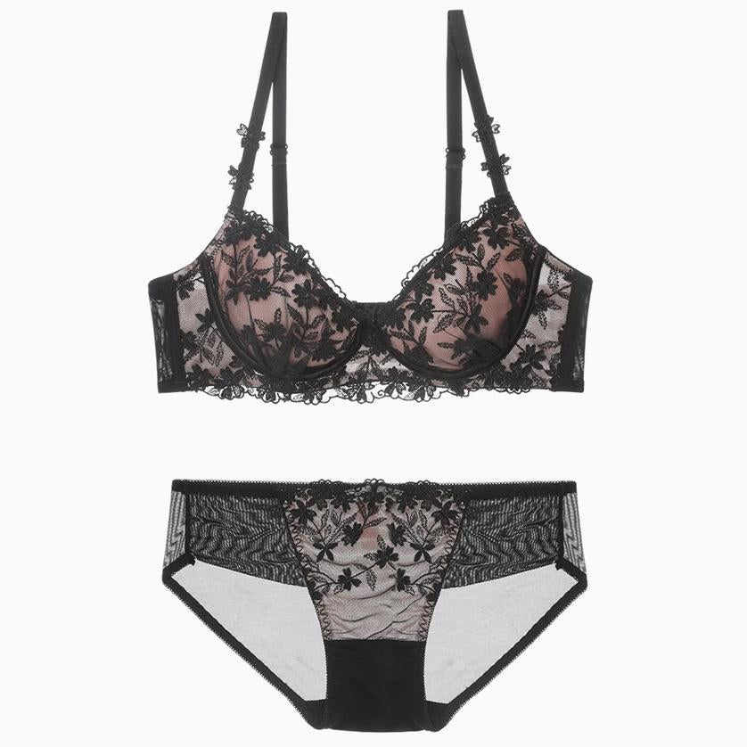 Romantisches, Detailreiches, Floral Besticktes, Gepolstertes Spitzen-Bh-Set - Schwarz