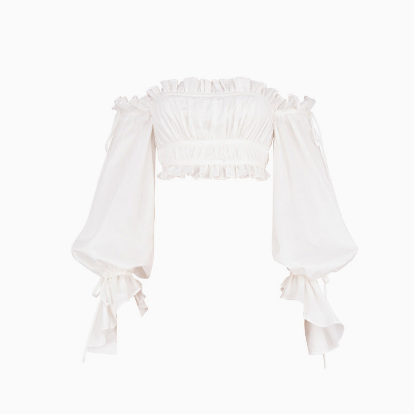 Schulterfreies, Langärmliges, Kurzes Crop-Top İn Weiß Mit Volant-Details