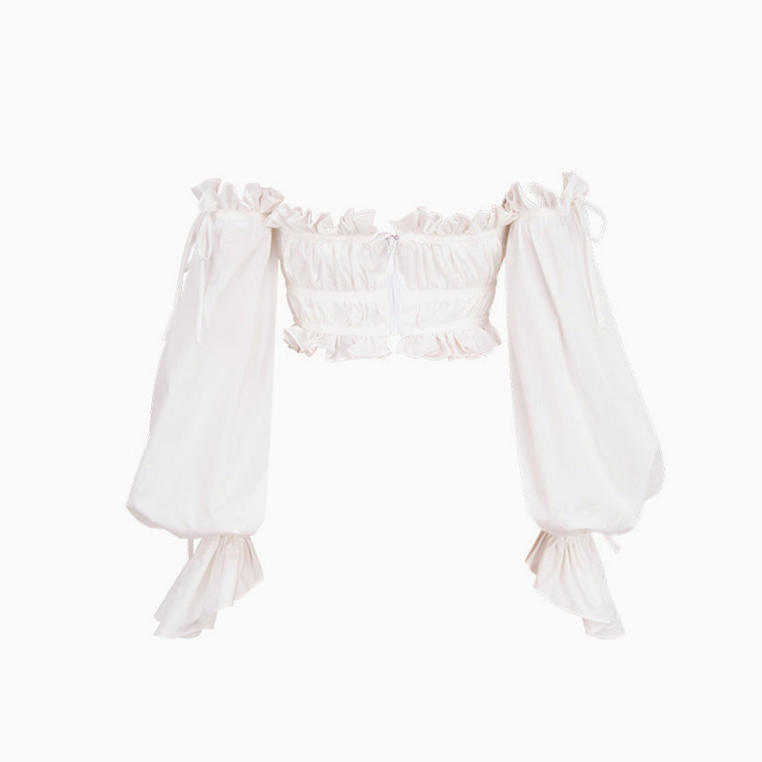 Schulterfreies, Langärmliges, Kurzes Crop-Top İn Weiß Mit Volant-Details