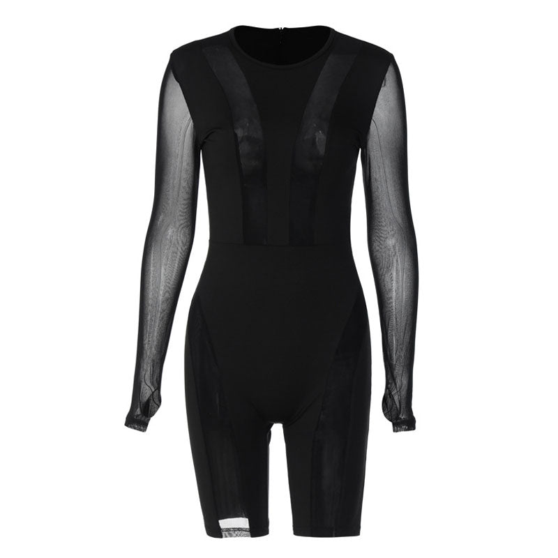 Stylischer Biker-Jumpsuit Mit Rundhalsausschnitt Und Kontrastdetails - Schwarz