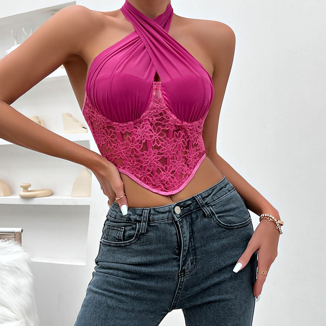 Schickes Neckholder-Crop-Top Mit Gekreuzten Ärmeln Und Blumenmuster - Rosa