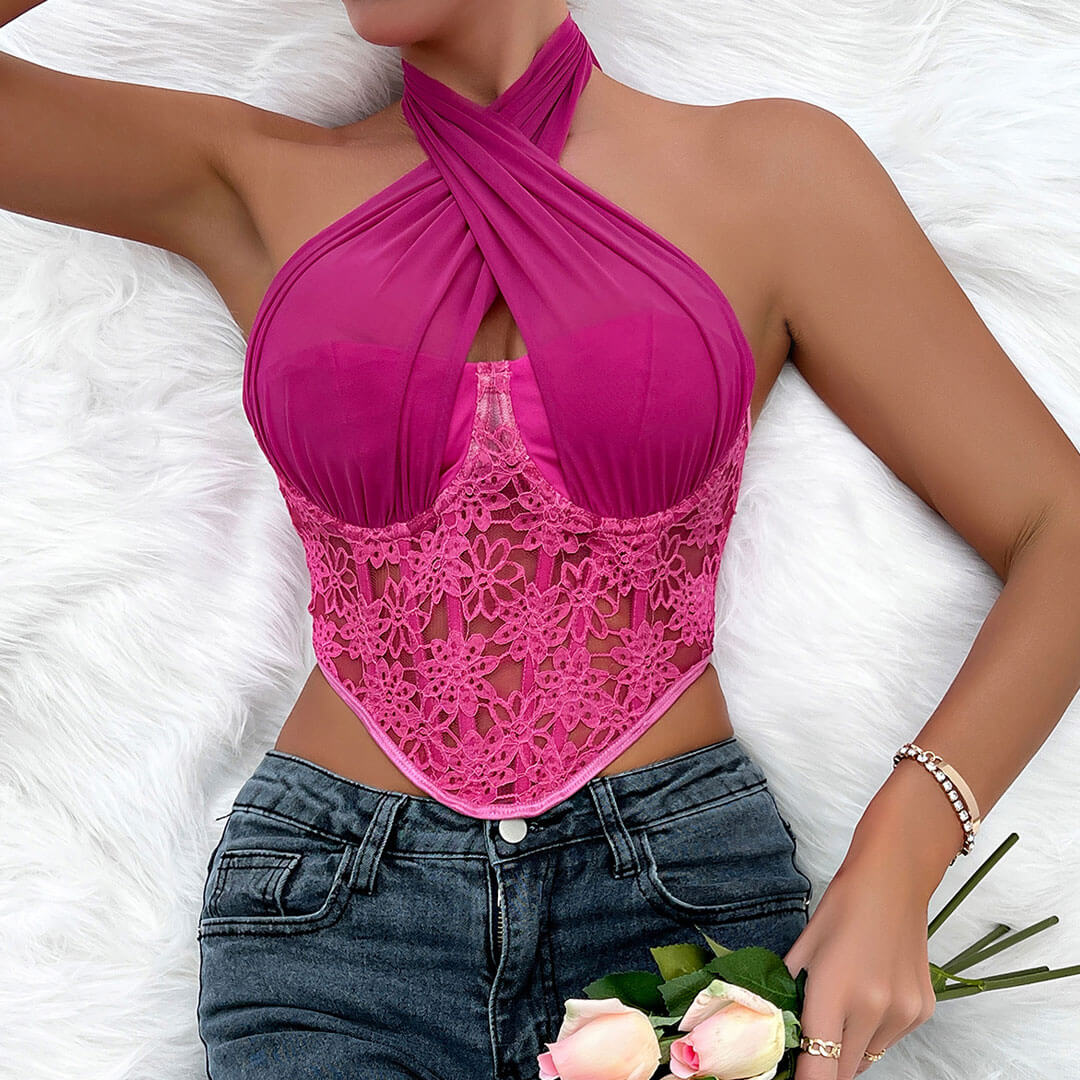 Schickes Neckholder-Crop-Top Mit Gekreuzten Ärmeln Und Blumenmuster - Rosa