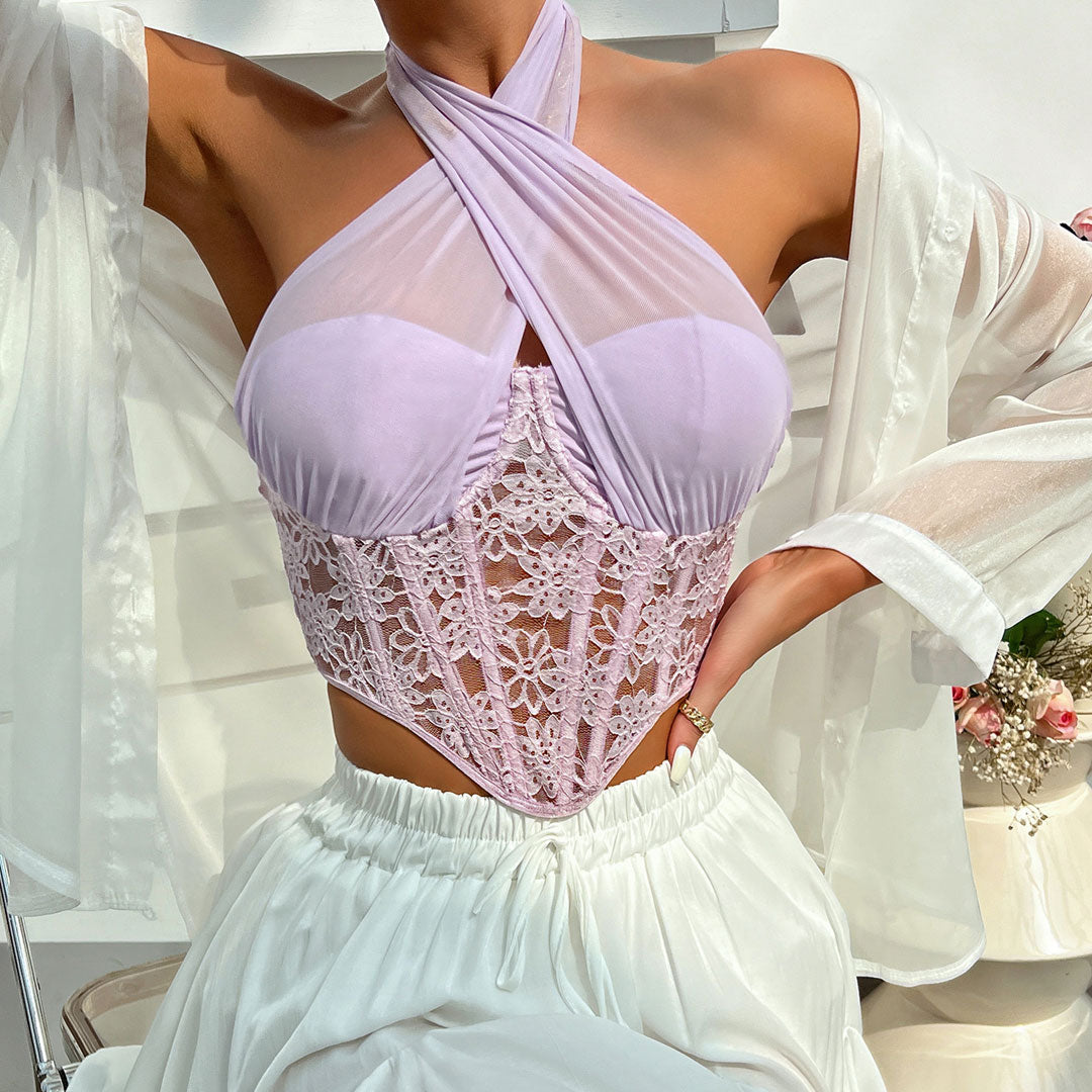 Stylisches lila Blumenspitze Kreuz-Halter-Top
