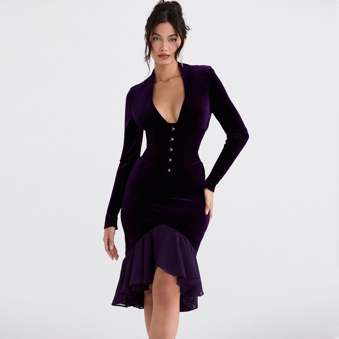 Schickes High-Low Mesh Detail Volant Langarm Samt Midikleid - Lila