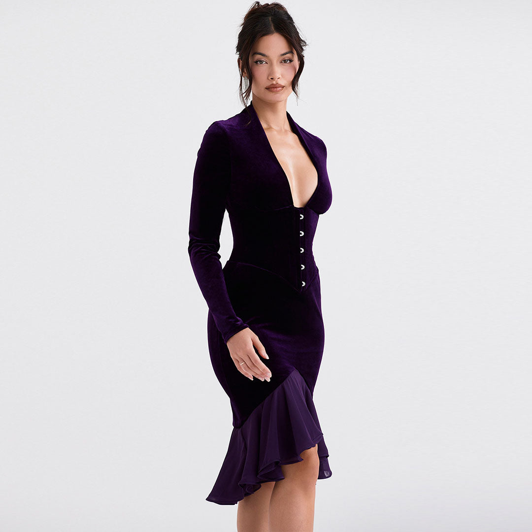 Schickes High-Low Mesh Detail Volant Langarm Samt Midikleid - Lila