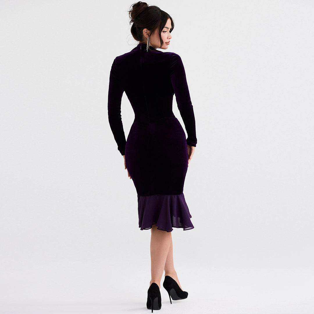 Schickes High-Low Mesh Detail Volant Langarm Samt Midikleid - Lila