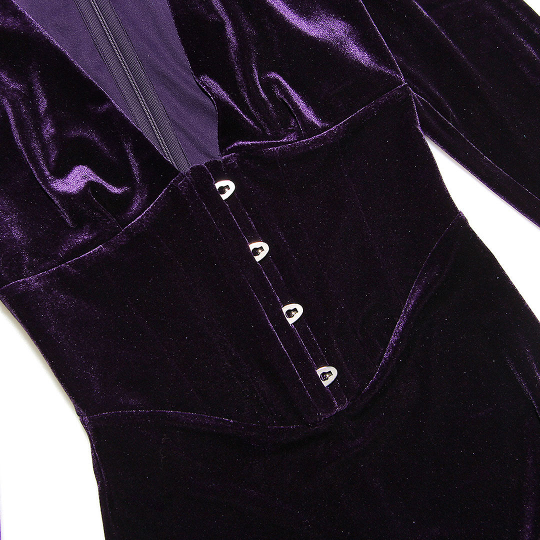 Schickes High-Low Mesh Detail Volant Langarm Samt Midikleid - Lila