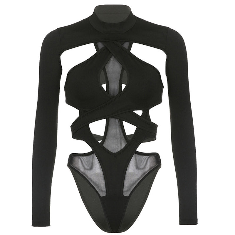 Schicker Hochgeschlossener, Langärmliger Bodysuit Mit Cutout Und Transparentem Netzstoff İn Mehreren Lagen - Schwarz