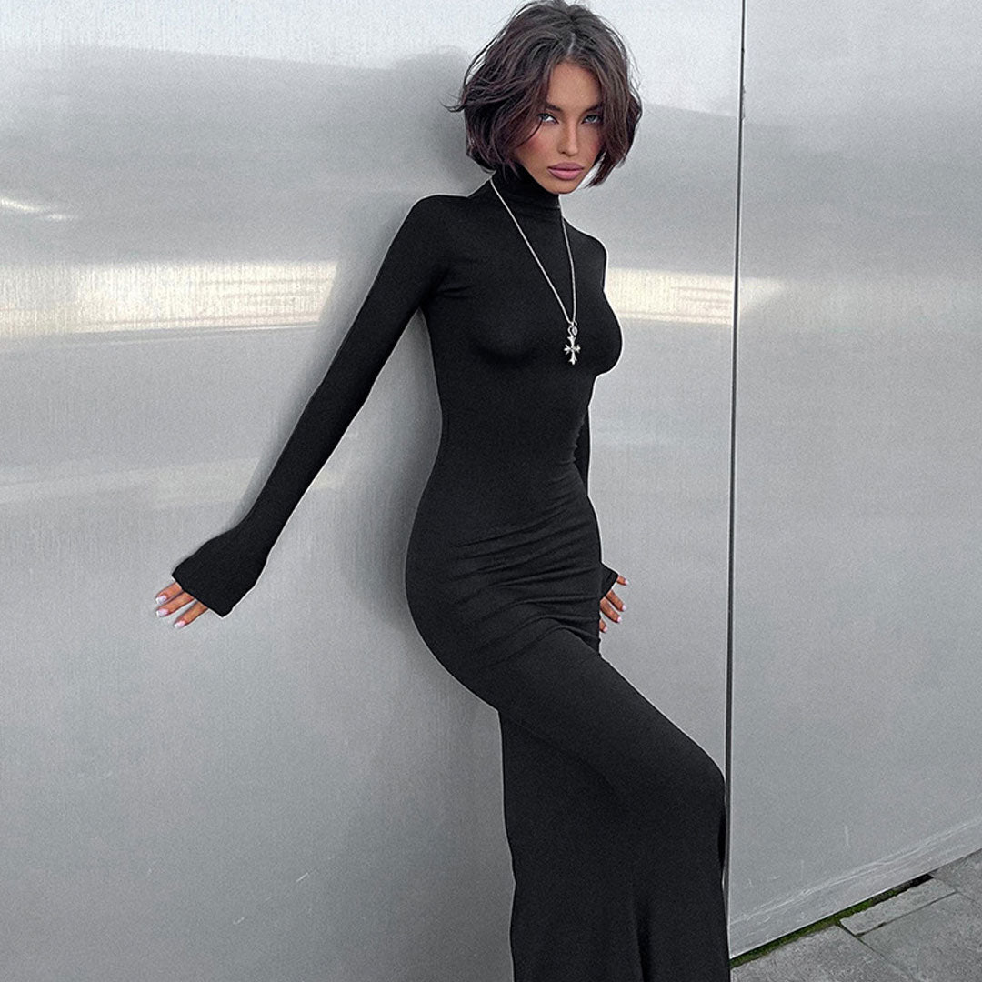 Stilvolles, Hochgeschlossenes, Einfarbiges, Langärmliges Meerjungfrau-Maxikleid