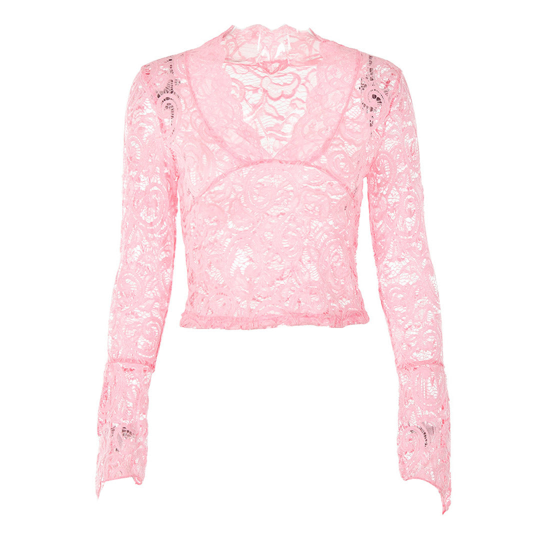 Attraktive Transparente Spitzenbluse Mit Tiefem V-Ausschnitt Und Ausgestellten Ärmeln - Rosa