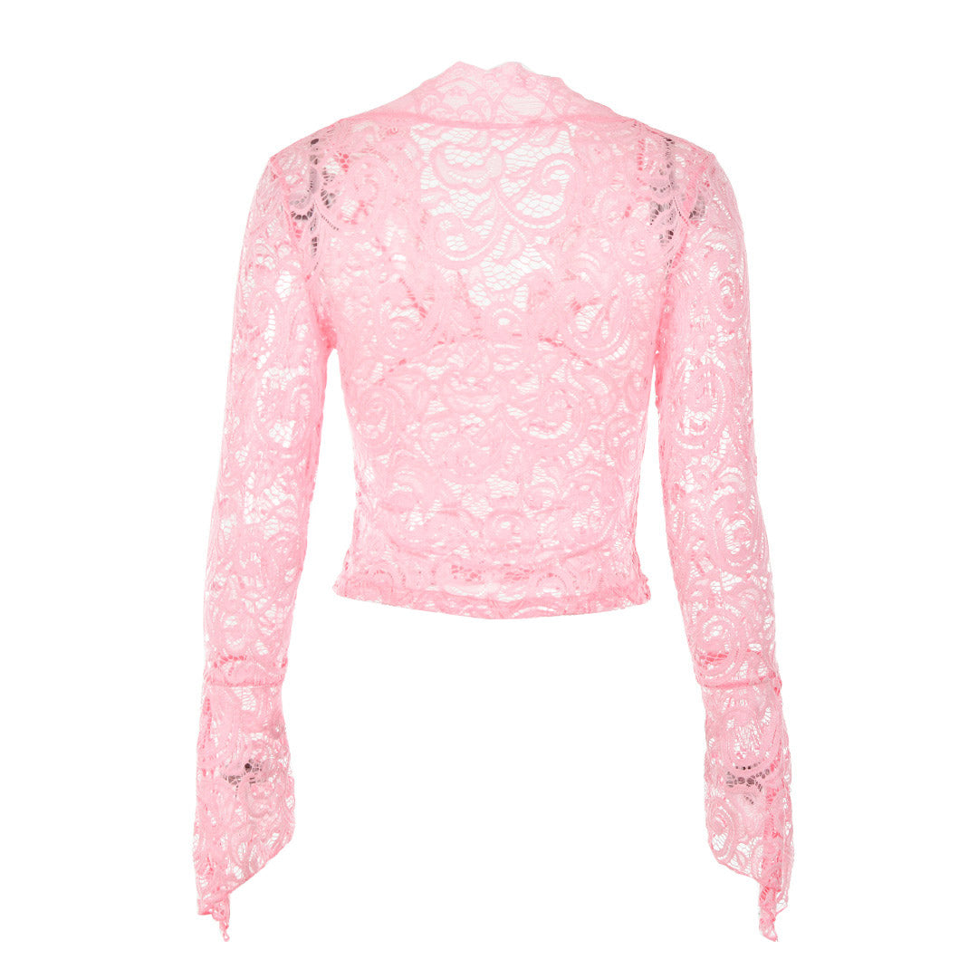 Attraktive Transparente Spitzenbluse Mit Tiefem V-Ausschnitt Und Ausgestellten Ärmeln - Rosa