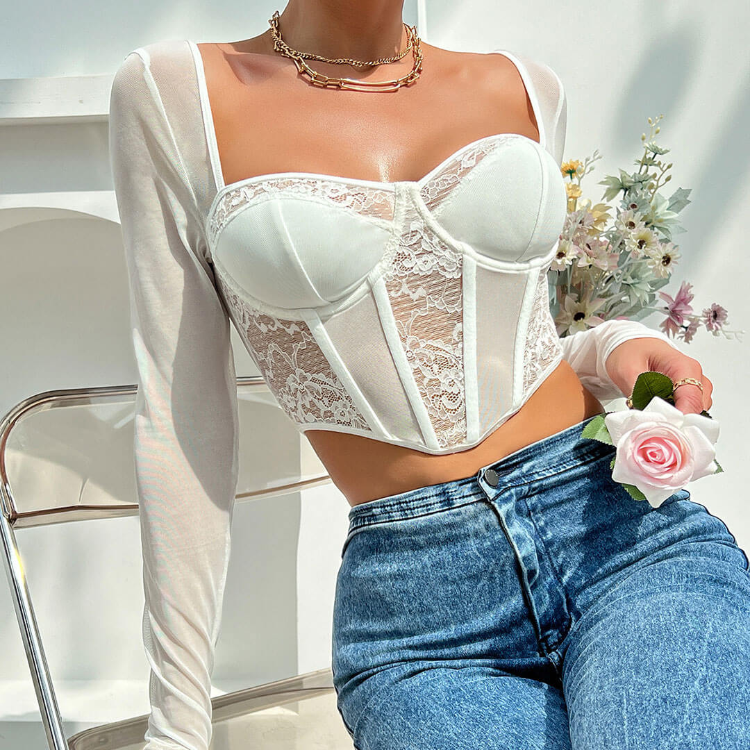 Elegantes Langarm-Crop-Top Mit Blumenmuster Und Spitze İm Korsett-Stil - Weiß
