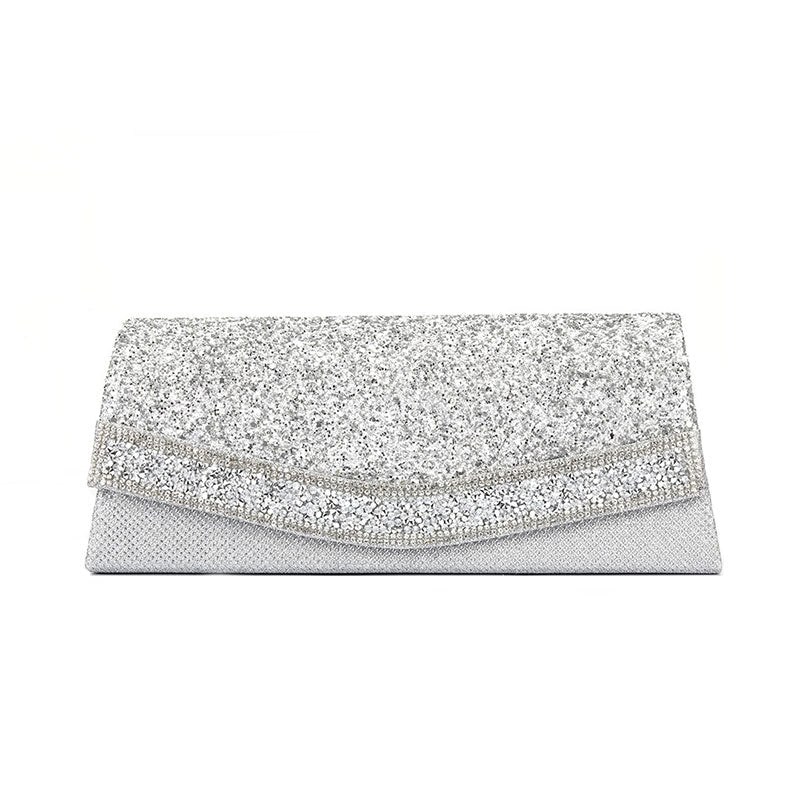Strukturierte Clutch Mit Überschlag Und Funkelnden Strass-Details – Silber