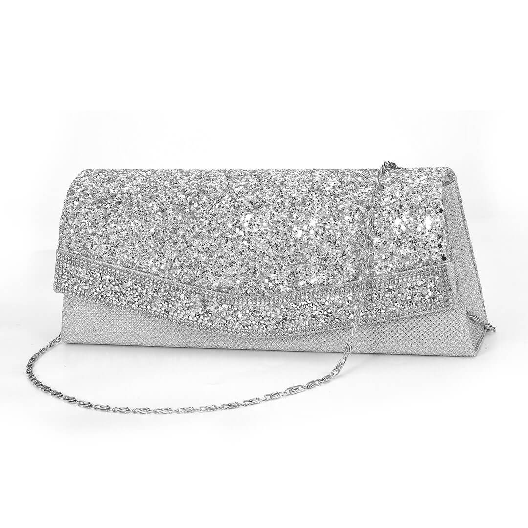 Strukturierte Clutch Mit Überschlag Und Funkelnden Strass-Details – Silber
