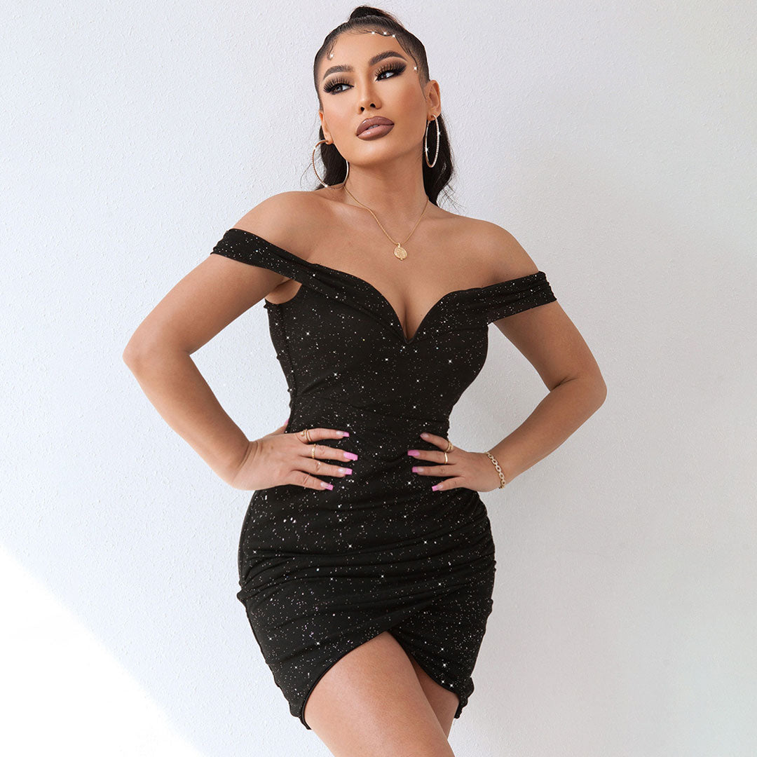 Glitzerndes, Gerafftes, Schulterfreies, Figurbetontes Minikleid - Schwarz