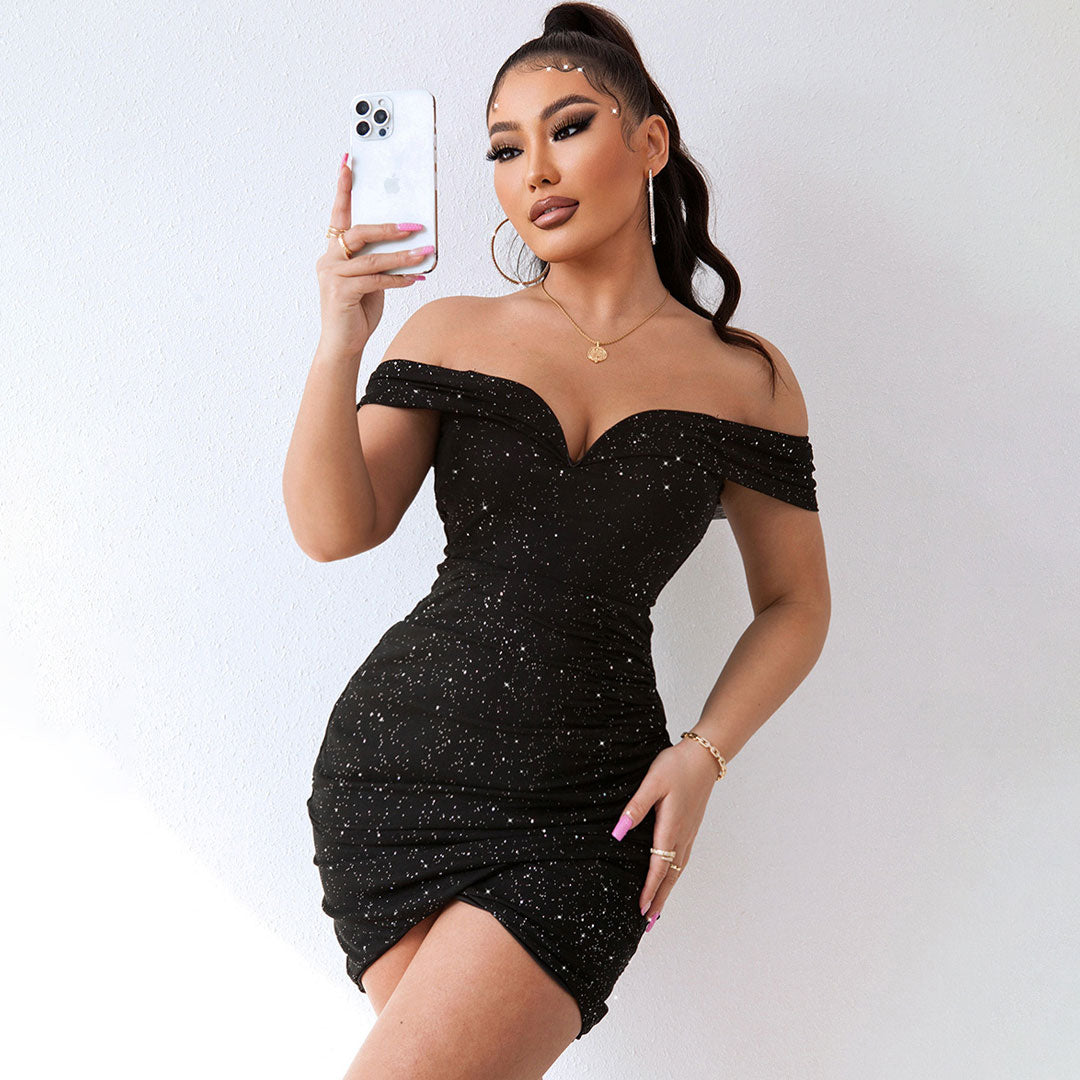 Glitzerndes, Gerafftes, Schulterfreies, Figurbetontes Minikleid - Schwarz