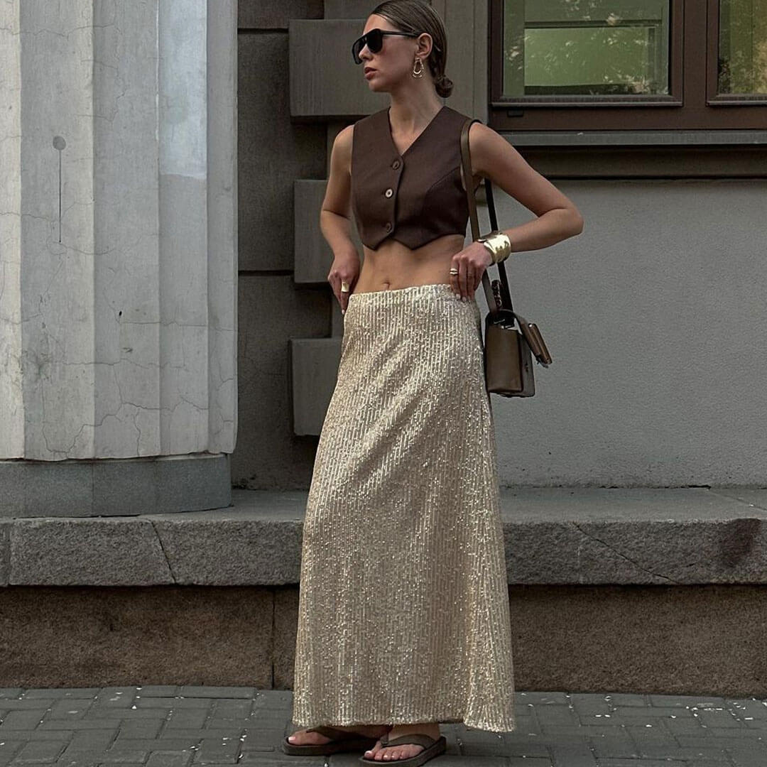 Goldfarbener, Glänzender A-Linien-Maxi-Partyrock İm Disco-Stil Mit Niedriger Taille Und Pailletten
