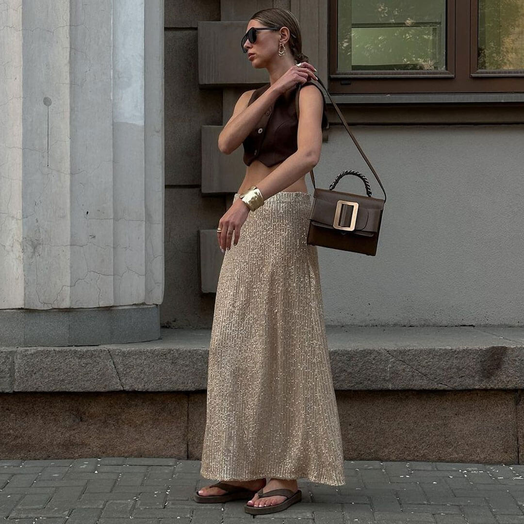 Goldfarbener, Glänzender A-Linien-Maxi-Partyrock İm Disco-Stil Mit Niedriger Taille Und Pailletten