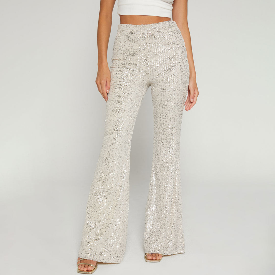 Aprikosenfarbene, Glänzende Party-Paillettenhose Mit Hoher Taille Und Weitem Bein Und Flammenmuster