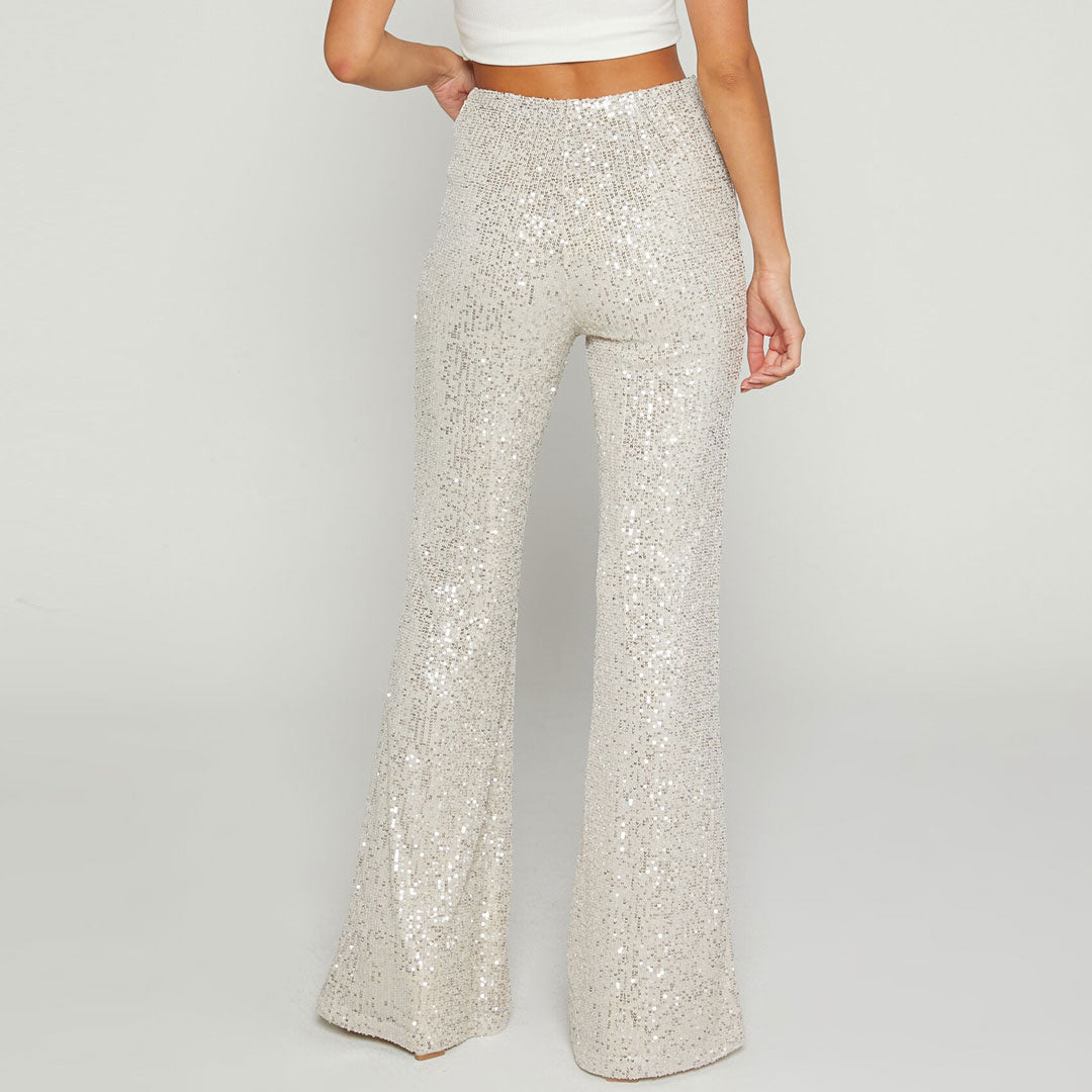 Aprikosenfarbene, Glänzende Party-Paillettenhose Mit Hoher Taille Und Weitem Bein Und Flammenmuster