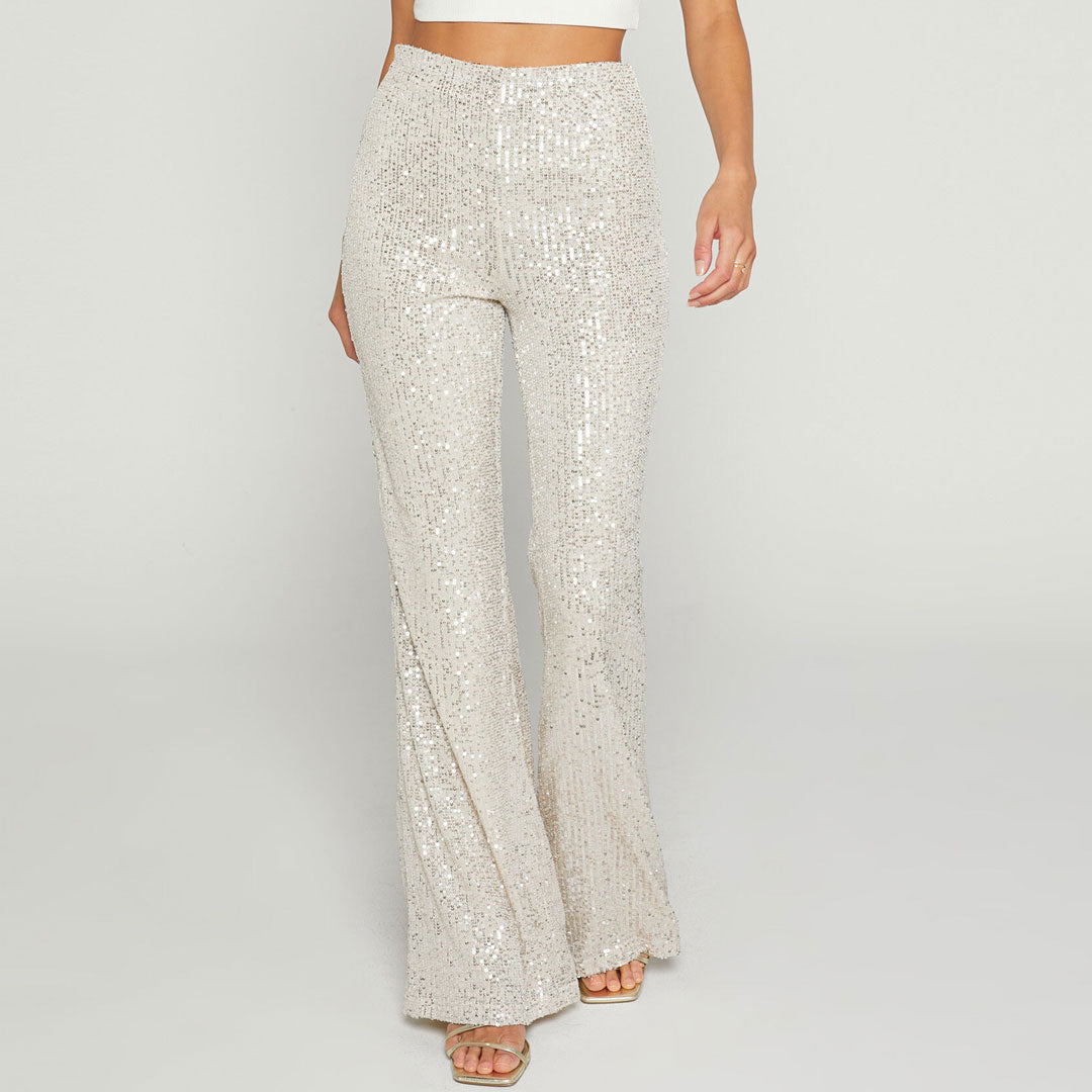 Aprikosenfarbene, Glänzende Party-Paillettenhose Mit Hoher Taille Und Weitem Bein Und Flammenmuster