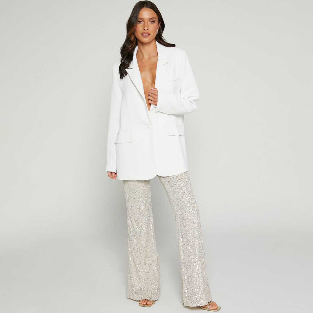 Aprikosenfarbene, Glänzende Party-Paillettenhose Mit Hoher Taille Und Weitem Bein Und Flammenmuster