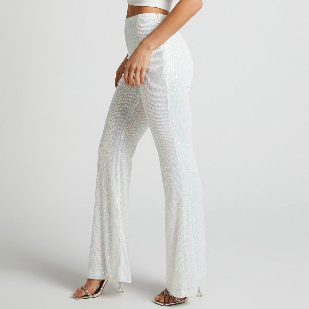 Glänzende Partyhose Mit Hoher Taille Und Weitem Bein Und Rüschen - Weiß