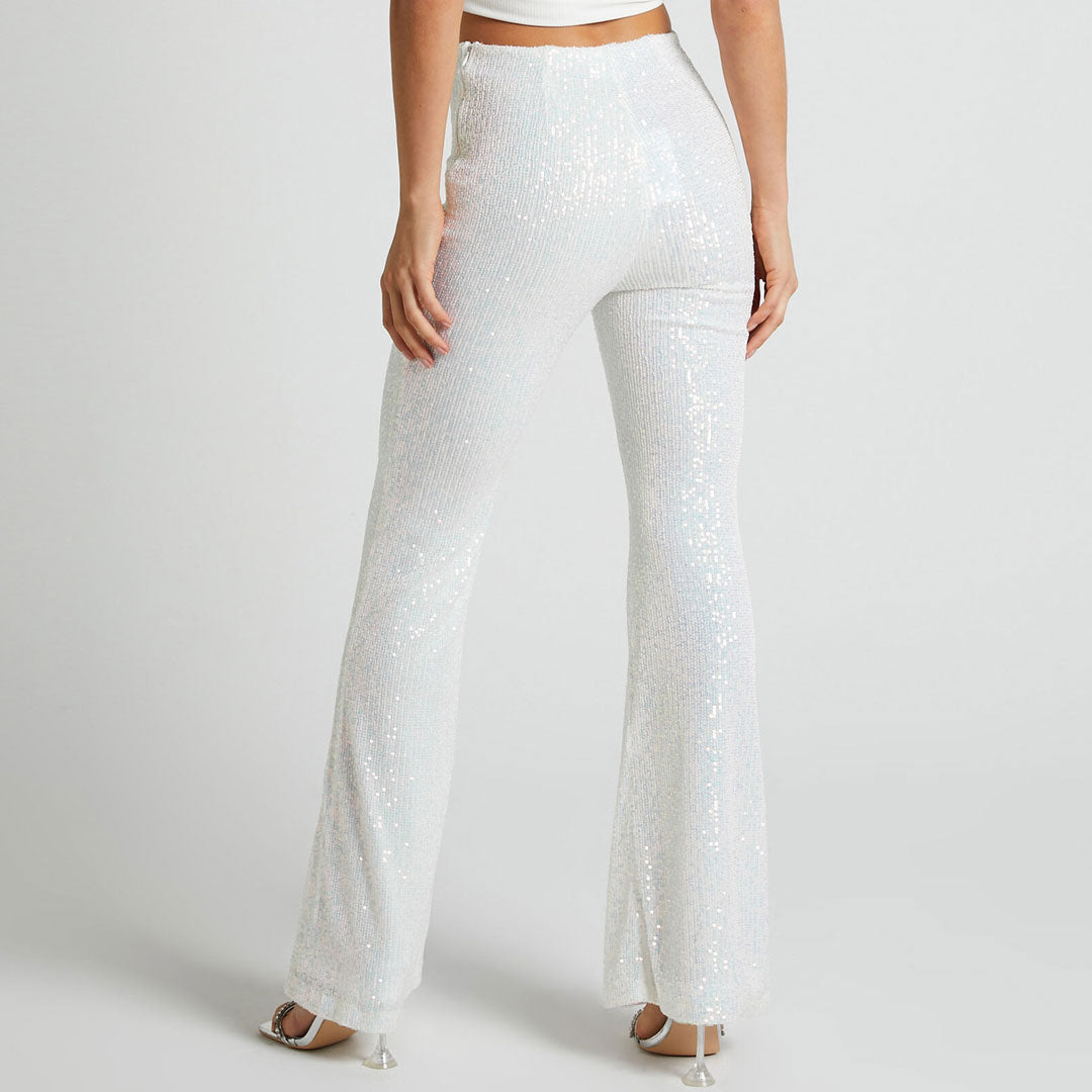 Glänzende Partyhose Mit Hoher Taille Und Weitem Bein Und Rüschen - Weiß