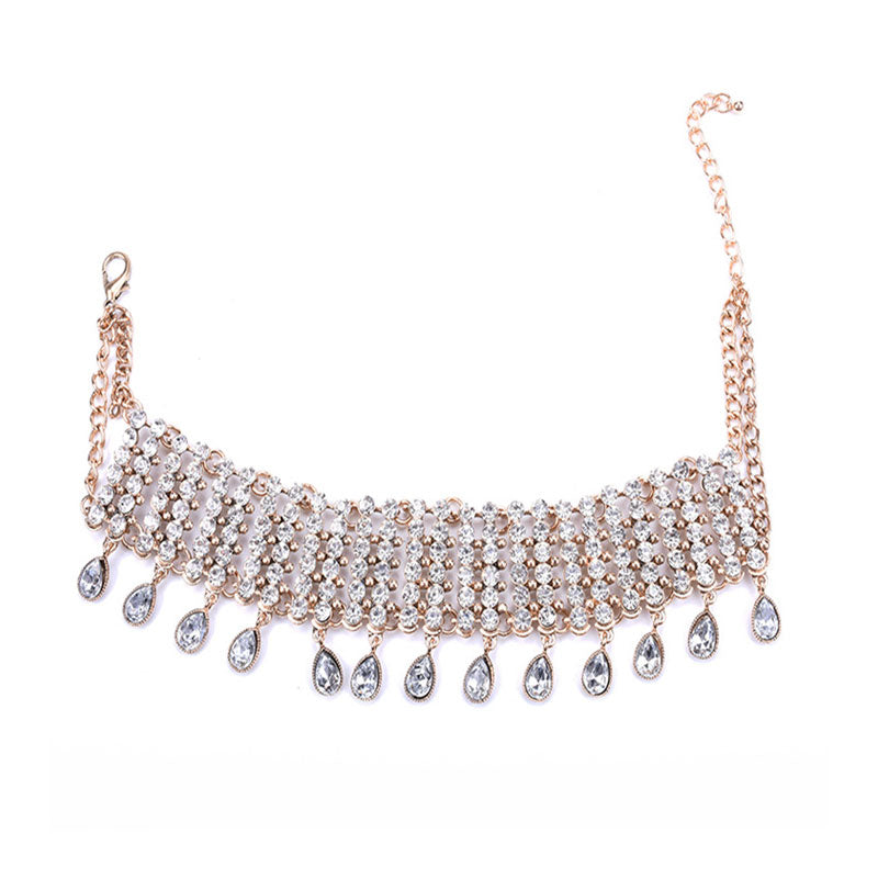 Funkelnde Strass Tropfen Fransen Statement Choker Halskette - Gold Farbe