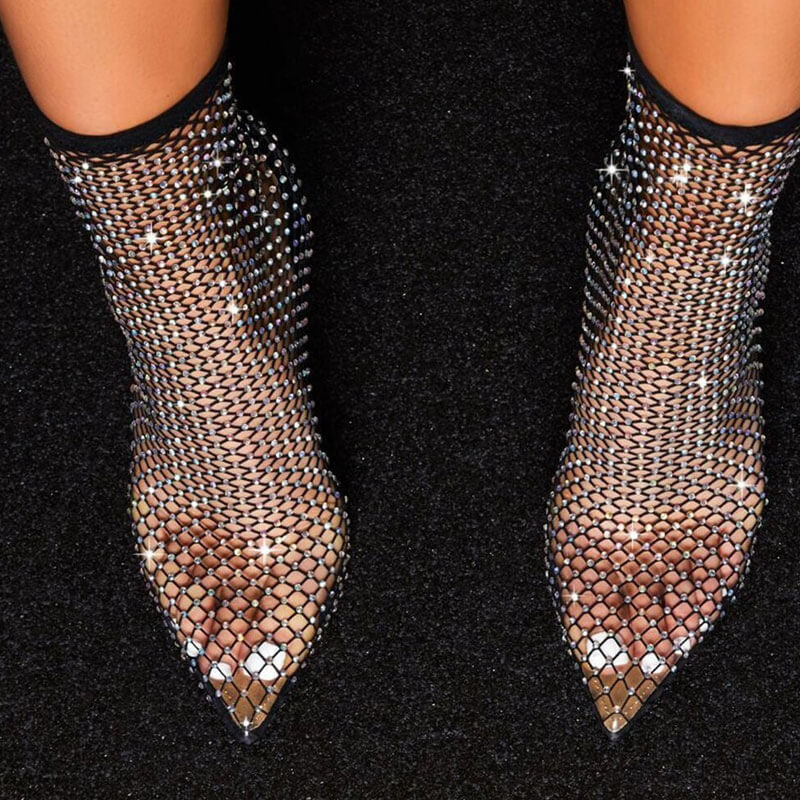 Glänzende, Strass-Verzierte Ankle Heels Mit Spitzer Zehenpartie Und Offenem Mesh - Schwarz