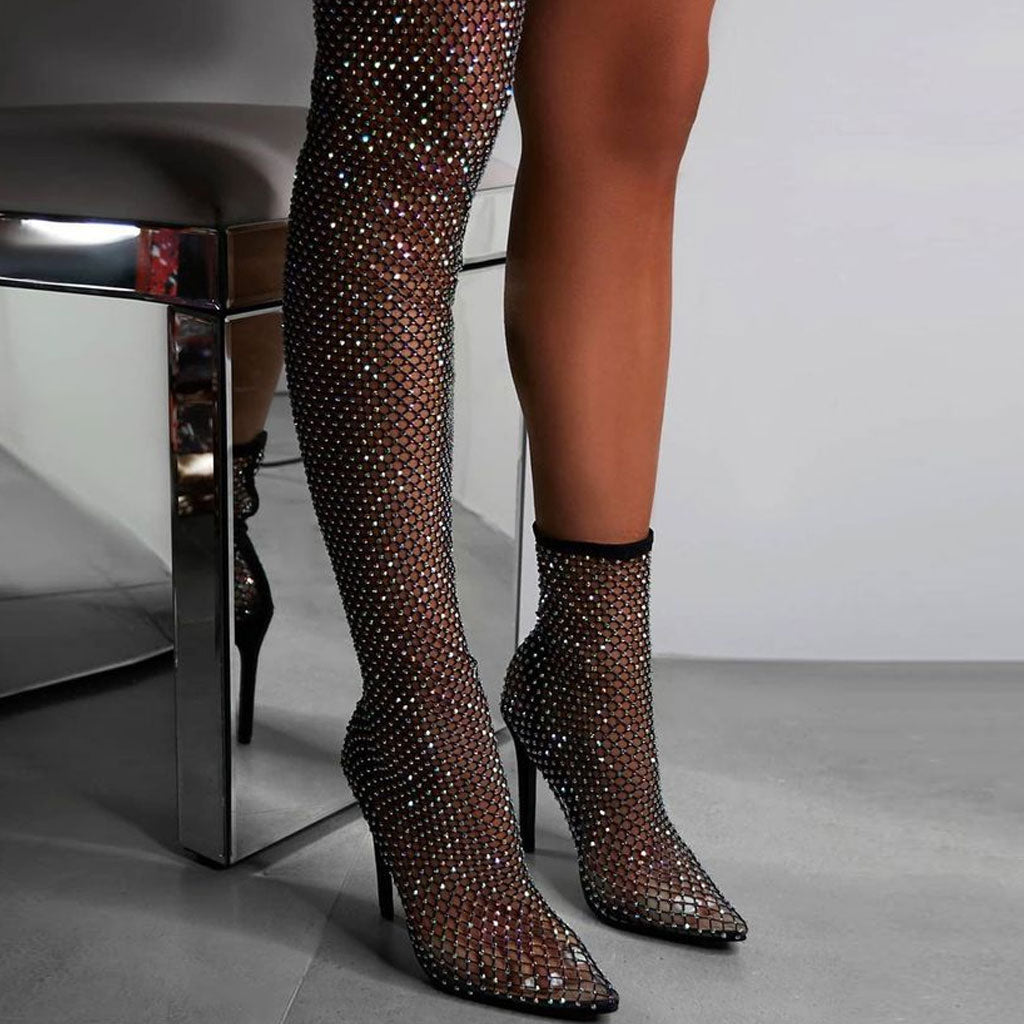Glänzende, Strass-Verzierte Ankle Heels Mit Spitzer Zehenpartie Und Offenem Mesh - Schwarz