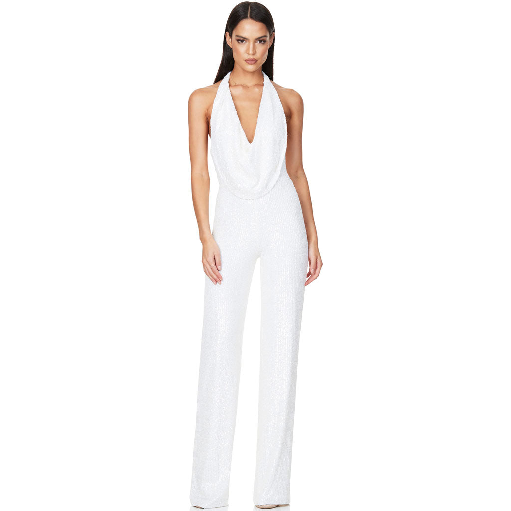 Glänzender, Rückenfreier Neckholder-Jumpsuit İn Weiß Mit Weitem Bein
