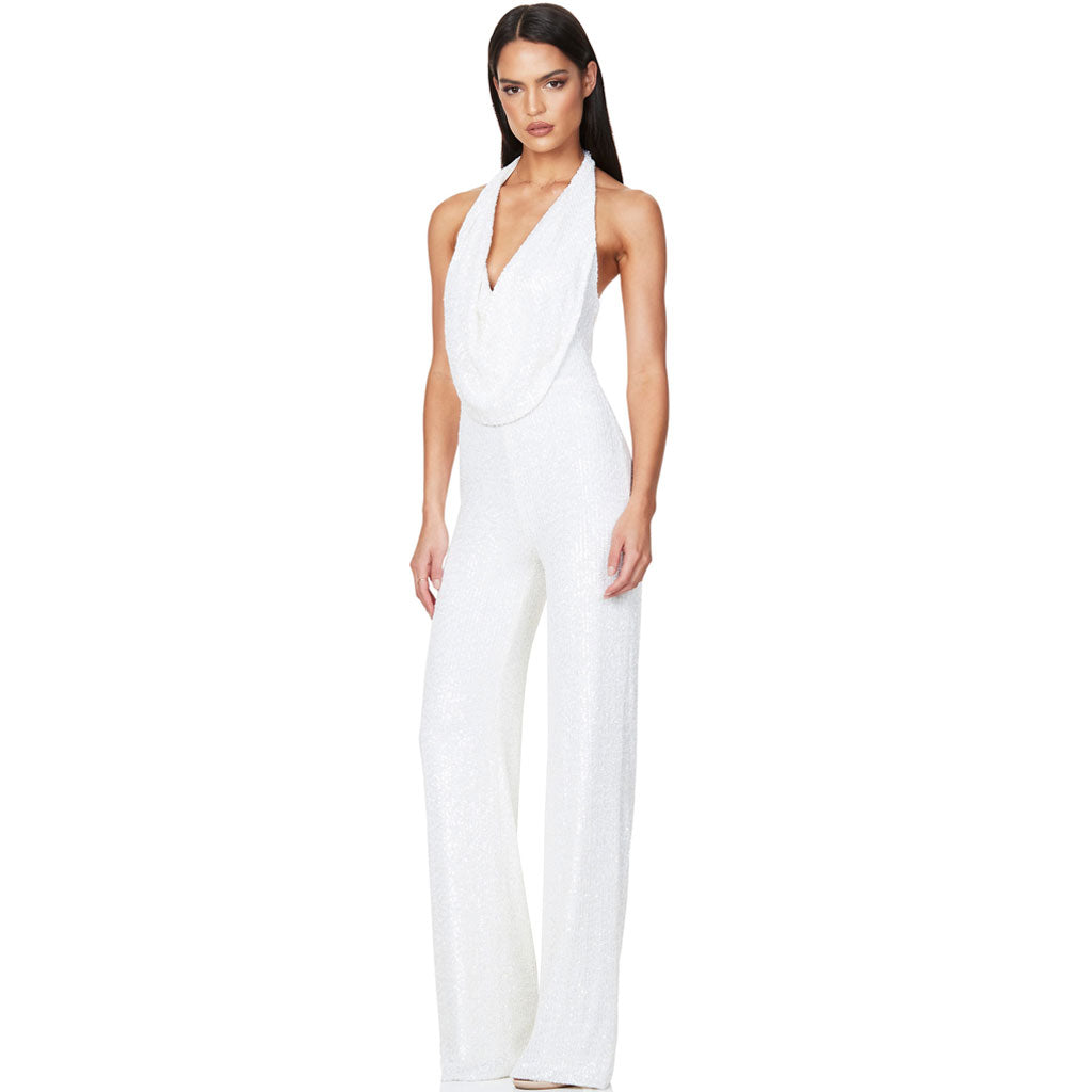 Glänzender, Rückenfreier Neckholder-Jumpsuit İn Weiß Mit Weitem Bein