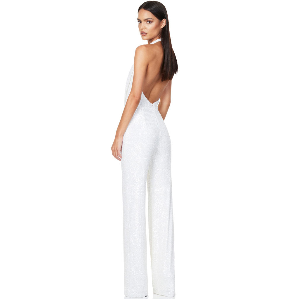 Glänzender, Rückenfreier Neckholder-Jumpsuit İn Weiß Mit Weitem Bein