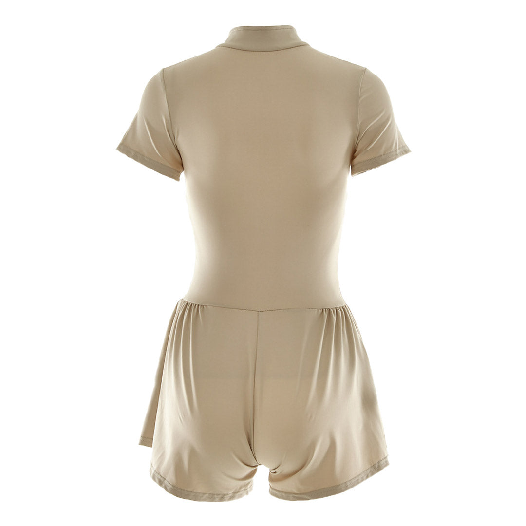 Aprikosenfarbener, Sportlicher Jumpsuit Mit Rüschendetail, Kurzen Ärmeln, Hohem Halsausschnitt Und Reißverschluss