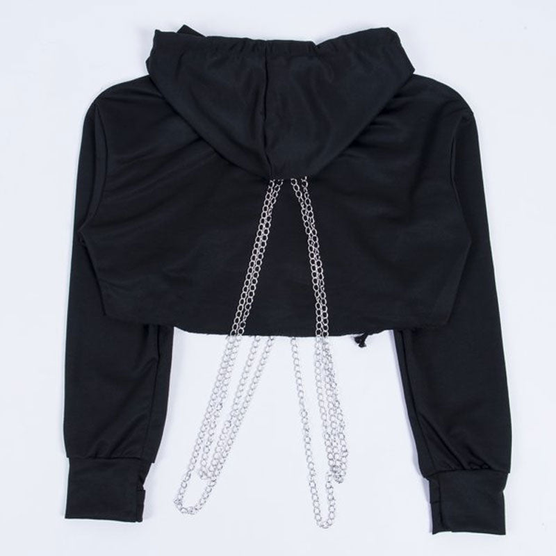 Schulterfreies Crop-Top Mit Langen Ärmeln Und Kapuze Und Metallic-Kette - Schwarz