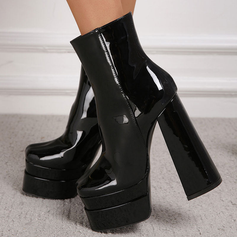 Stilvolle Lackleder-Plateau-Stiefeletten Mit Dickem Absatz - Schwarz