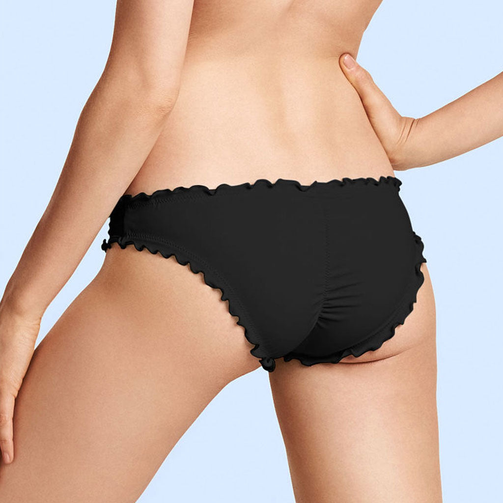 Schwarzes, Hoch Geschnittenes, Einfarbiges Bikinihöschen Aus Chiffon Mit Rüschen